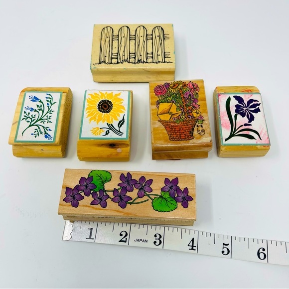 Rubber Stamps‎ Garden Theme Flowers and Fence set of 6 Stamps 1.5”-4” wood tops - Picture 2 of 5